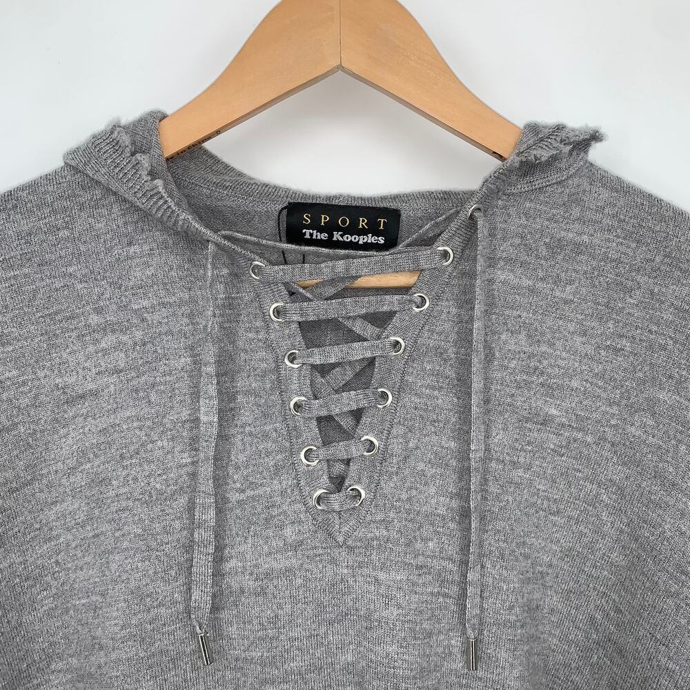 The Kooples Merino Wool Hooded Lace Up Pullover Raw Edge Sweater Hoodie - Picture 5 of 11